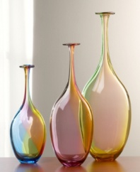 A beautiful accent for any home, this slender-necked bottle in swirling shades of pink and gold.