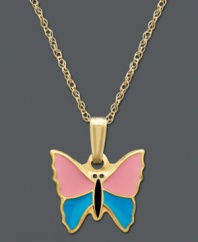 The perfect gift for the little girl who loves butterflies. This sweet pendant features a splash of pink and blue enamel set in 14k gold. Approximate length: 16 inches. Approximate drop: 1/2 inch.
