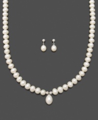 Make yourself stand out with this timelessly beautiful cultured freshwater pearl (6-9 mm) necklace and earrings set, featuring a lovely teardrop-shaped pearl center. In sterling silver. Necklace measures approximately 18 inches.