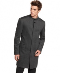 With a sleek Nehru collar, this Calvin Klein top coat sets itself apart from the seasonal standards.
