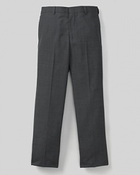 Classic styled trousers with flat front and zip and button fly closure. On-seam pockets, belt loops, two double besom hip pockets complete.