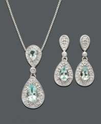 Pick up pools of pastel sparkle in chic figure eights. Jewelry set crafted in sterling silver with pear-cut aquamarine (7/8 ct. t.w.) and sparkling diamond accents. Approximate pendant length: 18 inches. Approximate pendant drop: 1 inch. Approximate earring drop: 3/4 inch.