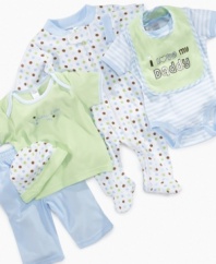 Let everyone know the new baby bundle is daddy's little boy with this matching six-piece set made just for showing him off. Includes: 1 bib; 1 cap; 1 footed coverall; 1 short-sleeved tee; 1 pair of pants and 1 bodysuit.