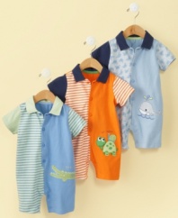 Fun with friends. He'll have a little critter at his side in one of these delightful sunsuits from First Impressions.