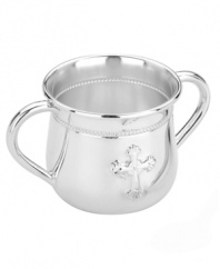 Commemorate a baptism with the double-handled Abbey baby cup from Reed & Barton. With an elegant cross and beaded edge in polished silver plate, it's a meaningful gift to give and to get for your little one.
