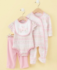 Everyone will feel the love when they see her in this pastel set from First Impressions. Set includes footed coverall, bodysuit, pants and bib.