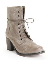 Steve Madden's Grannie lace-up leather ankle booties may be Victorian inspired, but utilitarian updates make them completely contemporary--and cool. Featuring an inner leg zipper enclosure and sturdy stacked heel.