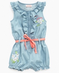 A breath of fresh air. She'll look breezy and beautiful in this adorably adorned belted romper from Guess.