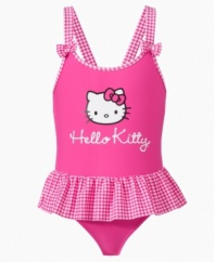 Fun with friends! She'll sport one of her favorites in this darling gingham accented swimsuit from Hello Kitty.