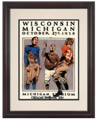 Tackle empty spaces with the Wisconsin-Michigan program cover from 1928. With vibrant, restored colors and a handsome cherry-wood frame, it makes great wall art for serious college football fans.