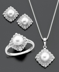 Complete your look with pristine beautiful. Pendant, earrings and ring set featuring cultured freshwater pearl (5.5-7 mm) and diamond accents set in sterling silver. Pendant measures approximately 18 inches with a 3/4-inch drop. Earrings measure approximately 1/4 inch. Ring size 7.