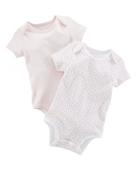 A set of two adorable short-sleeved bodysuits is rendered in ultra-soft cotton jersey.