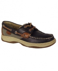 Rawhide laces add a most authentic touch to these handsomely casual boat-style shoes.