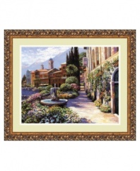 Vibrant botanicals accent elegant archways and the waterside path below in this classic Mediterranean scene. A shimmering fountain and traditional architecture bring home the essence of Italy. Elaborately embossed wood frame features a rich bronze finish for a vintage feel.