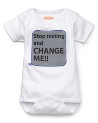 A short sleeve romper with Stop texting and CHANGE ME!! printed on front.