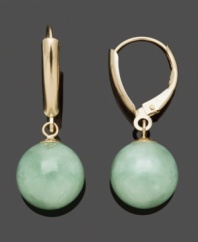 Add a subtle pop of color in pale green hues. Jade beads (10 mm) add simple indulgence to a polished 14k gold leverback setting. Approximate drop: 1-4/10 inches.