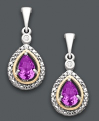 Petite drop earrings with a bright pop of color. Crafted in sterling silver with 14k gold accents, earrings feature pear-cut amethyst (3/4 ct. t.w.) and sparkling diamond accents. Approximate drop: 9/10 inch.