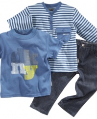 Warm or cold, create an easy outfit for him with this three piece set from DKNY.