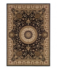 Centuries of sophistication have gone into the design of this exquisite rug, based on traditional Persian designs hundreds of years in the making. An intricate curvilinear pattern features a breathtaking center medallion surrounded by lattices of vines and blossoms set in a deep, rich palette. Meticulously styled, the use of ultra-fine yarn allows for superb detail, crisp design and a soft hand. One-year limited warranty.