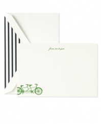 Get everybody's wheels spinning with From Me to You stationary. A letterpress bicycle print comes around the corner on white cards with stripe-lined envelopes from kate spade by Crane.