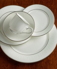 The simple and classic Hannah Platinum pattern brings a timeless refinement to your formal entertaining table, in pure white bone china embossed with a subtle palmetto-leaf design and banded in platinum. 9 Qualifies for Rebate