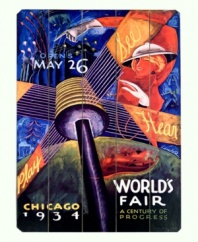 Travel back in time to 1934 and experience all the thrill and excitement of the Chicago World's Fair. The jubilant color and bold styling of this vintage-styled sign recall themes of science and technology that marked a century of progress in the Windy City.
