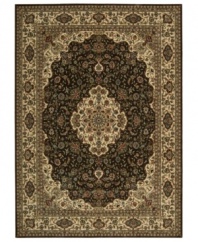 Distinctive flair with roots in Persian design. This exquisitely ornate area rug is abound in deep, sumptuous chocolate tones, highlighted by a dramatic central medallion, and crafted from Nourison's own Opulon(tm) yarns for a densely woven pile with long-lasting color retention and durability.
