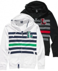 Casually cool. Stripes add distinctive strettwear style to this hoodie from LRG.