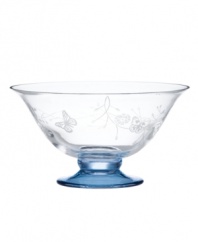 Etched with butterflies and blooms, this Butterfly Meadow bowl by Lenox gives casual settings a whimsical lift. A tinted blue pedestal adds a splash of color to luminous crystal. Qualifies for Rebate