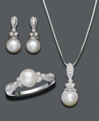 A gift to take her breath away. Luminous cultured freshwater pearl (6-1/2 - 8 mm) are perfectly complemented by brilliant round-cut diamond (3/8 ct. t.w.). Approximate necklace length: 18 inches. Approximate pendant drop: 3/4 inch. Approximate earring drop: 3/4 inch. Ring size: 7.