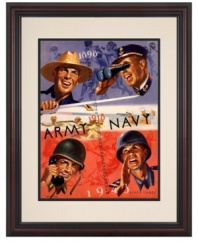 A salute to heroes on the front lines and on the football field, this original program art from the 1943 Army-Navy game at West Point is a must-have for military vets and sports collectors. A cherry-finished frame and double mat complete this vintage cover.