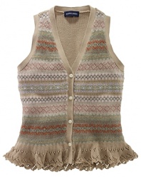 Exuding heritage style with a timeless Fair Isle pattern, a luxuriously soft cotton-blend sweater vest is given a pretty update with sweet crocheted detailing at the hem.
