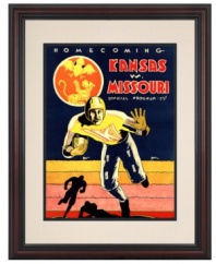 Kansas football at its finest. The Jayhawks welcomed home alumni in 1931 with a win against their biggest rivals, the Missouri Tigers. A brilliant reproduction of the game day program cover continues to inspire football greatness, with a double mat and cherry frame.
