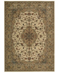 Distinctive flair with roots in Persian design. This exquisitely ornate area rug is abound in light, appealing ivory and gold tones, highlighted by a dramatic central medallion, and crafted from Nourison's own Opulon(tm) yarns for a densely woven pile with long-lasting color retention and durability.