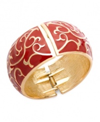 Stack your wrists with bold, vibrant styles. Charter Club's fancy bangle bracelet features a scrolling pattern in red enamel. Crafted in gold tone mixed metal. Secures with a hinge clasp. Approximate diameter: 2-1/2 inches.