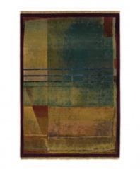 Radiating an abstract beauty, this rug features overlapping planes with a triple stripe accent cutting across the composition. Soft greens, blues, golds and reds blend into each other with a soft luminosity, framed with a rich crimson border.