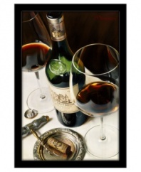 An appetizing still life for the dining room or kitchen wall, Chateau Haut Brione by Dimitri Volkov is a tribute to fine wine and superior taste. A half-empty bottle and glasses for two await on a crisp white tablecloth.