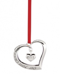 Two hearts in one, the 2011 Our First Christmas ornament is all about celebrating with the one you love. A romantic gift, crafted in lustrous silver plate by Lenox. Qualifies for Rebate