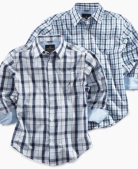 Casual or dressy, he'll clean up well in this long-sleeved plaid shirt from Nautica.