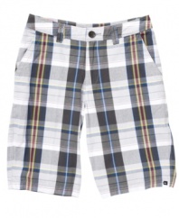 A preppy plaid print counters the low-key cool of these shorts from Quiksilver.