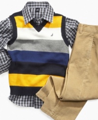What a charmer! He'll be ready to mingle in this darling shirt, sweater vest and pant set from Nautica.