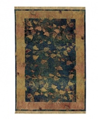 Marked by intriguing visual texture and saturated color, this rug features a pattern of burnished gold leaves that seem to break through a gauzy emerald background. A floating gold border perfectly frames the rug's dynamic beauty. Weathered details impart a timeworn, vintage look.