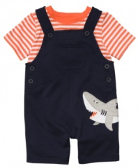 Dive into style and comfort swimmingly with this fun striped shirt and graphic shortall set from Carter's.