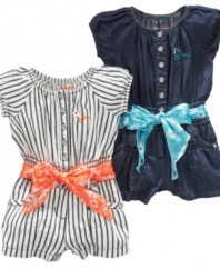 No ties here. This fun romper with a matching scarf belt from Guess is a clear style and comfort favorite.