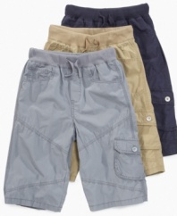 Give his warm weather basics a chic boost with these comfy cool cargo shorts from Guess.