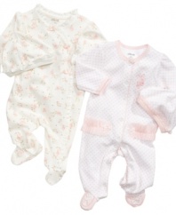She's all girl. Everyone will know she's a little lady in one of these sweet, ruffly footed coveralls from Little Me.