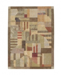 This long runner is ideal for hallways and entryways. A modern design of animated beauty, this rug renders columns in an abstract collage of rectangles accented with graceful curvilinear details. A cool green palette is tinged with warm hues of brown. Woven of premium Opulon(tm) yarns to create a lavish pile with a rich, color-enhancing finish.