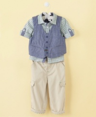Cute country style. A button-front vest paired with a plaid shirt and pants in this First Impressions set give him a modern look with a little bit of country twang.