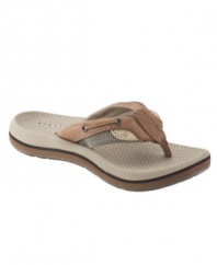 These darling soft leather and canvas Sperry Top-Sider sandals are crafted in a slip-on thong sandal style with a round open toe.