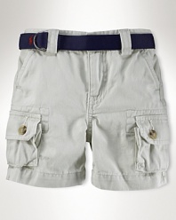 Cool utility-inspired cargo short in substantial cotton twill.